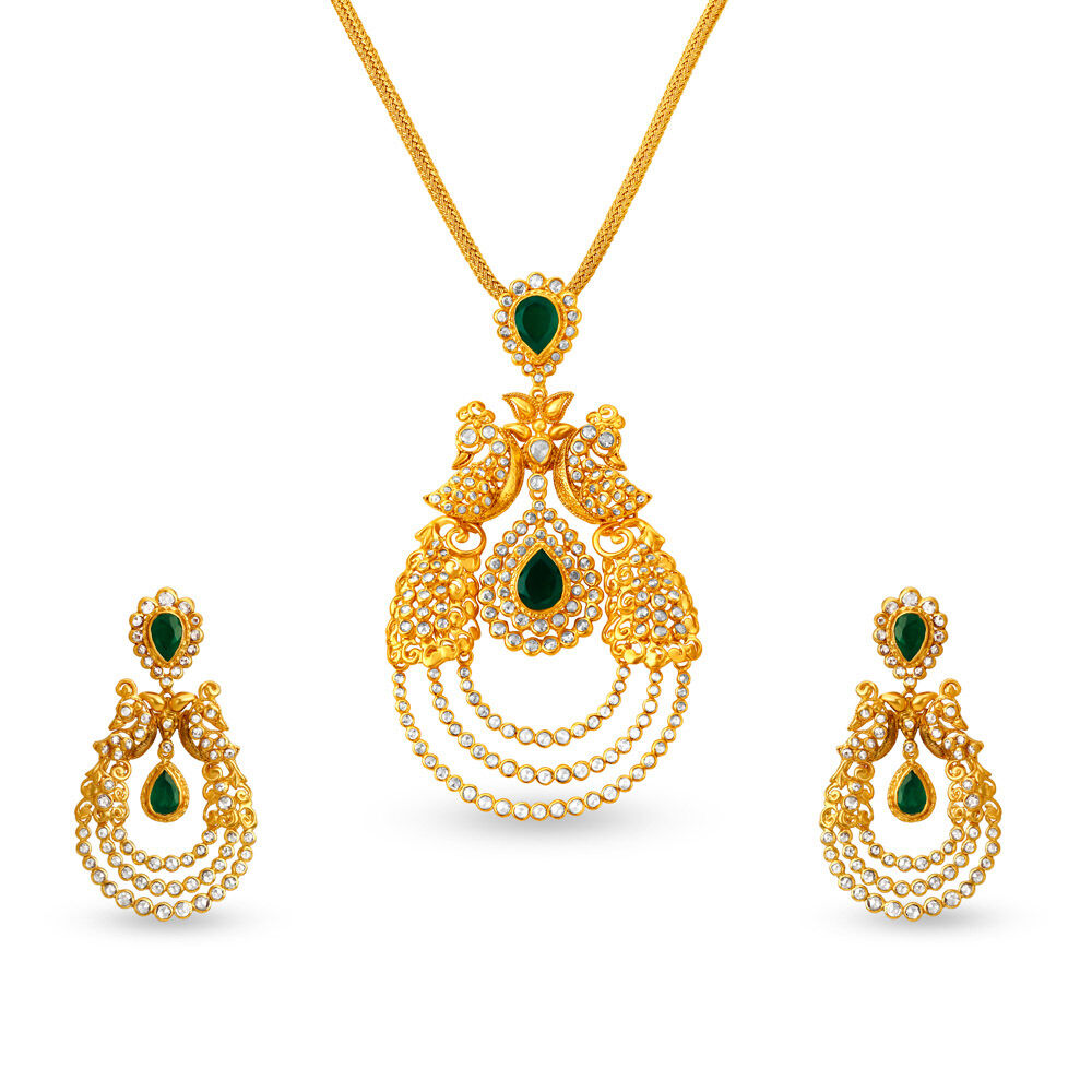 Dual tone finish set with hasli style necklace, peacock motif and mint –  divakaari