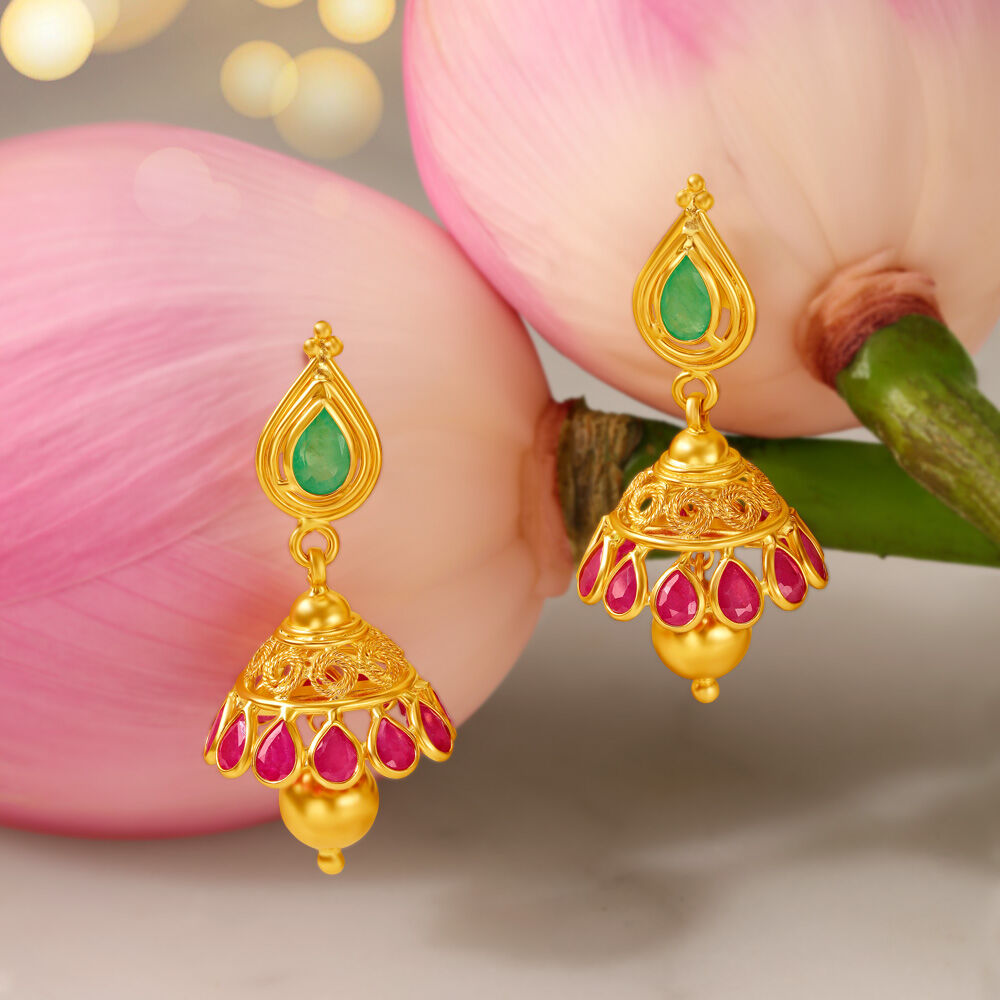 Fascinating Gold Plated Ruby Emerald Jhumka Earrings Daily Wear Covering  Jewellery J24819