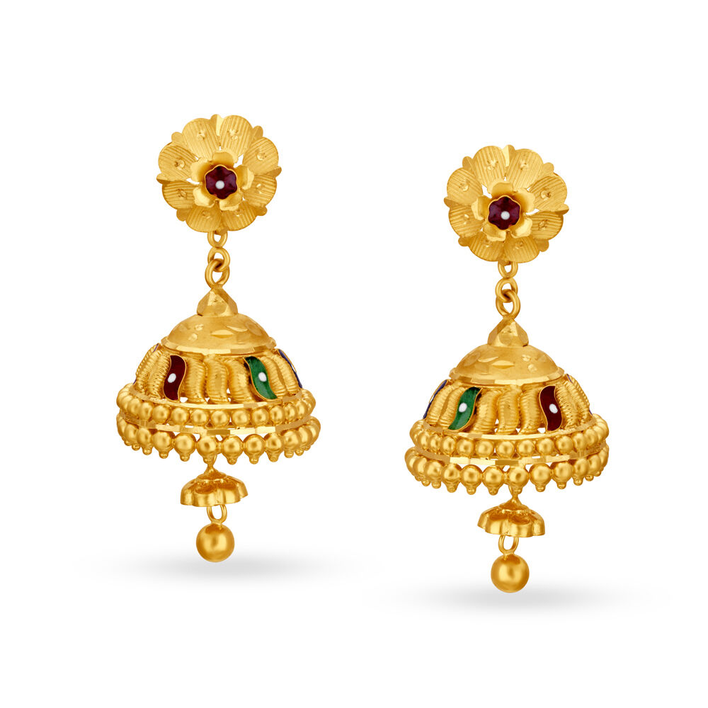 Tanishq 3 layer gold jhumka | Traditional yellow gold jhumki designs with  price | Gold jhumka design - YouTube