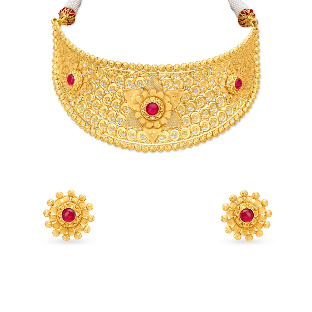 SAMEEHA, 24 KT GOLD PLATED CHOKER NECKLACE SET WITH ADJUSTABLE FINGER –  www.soosi.co.in