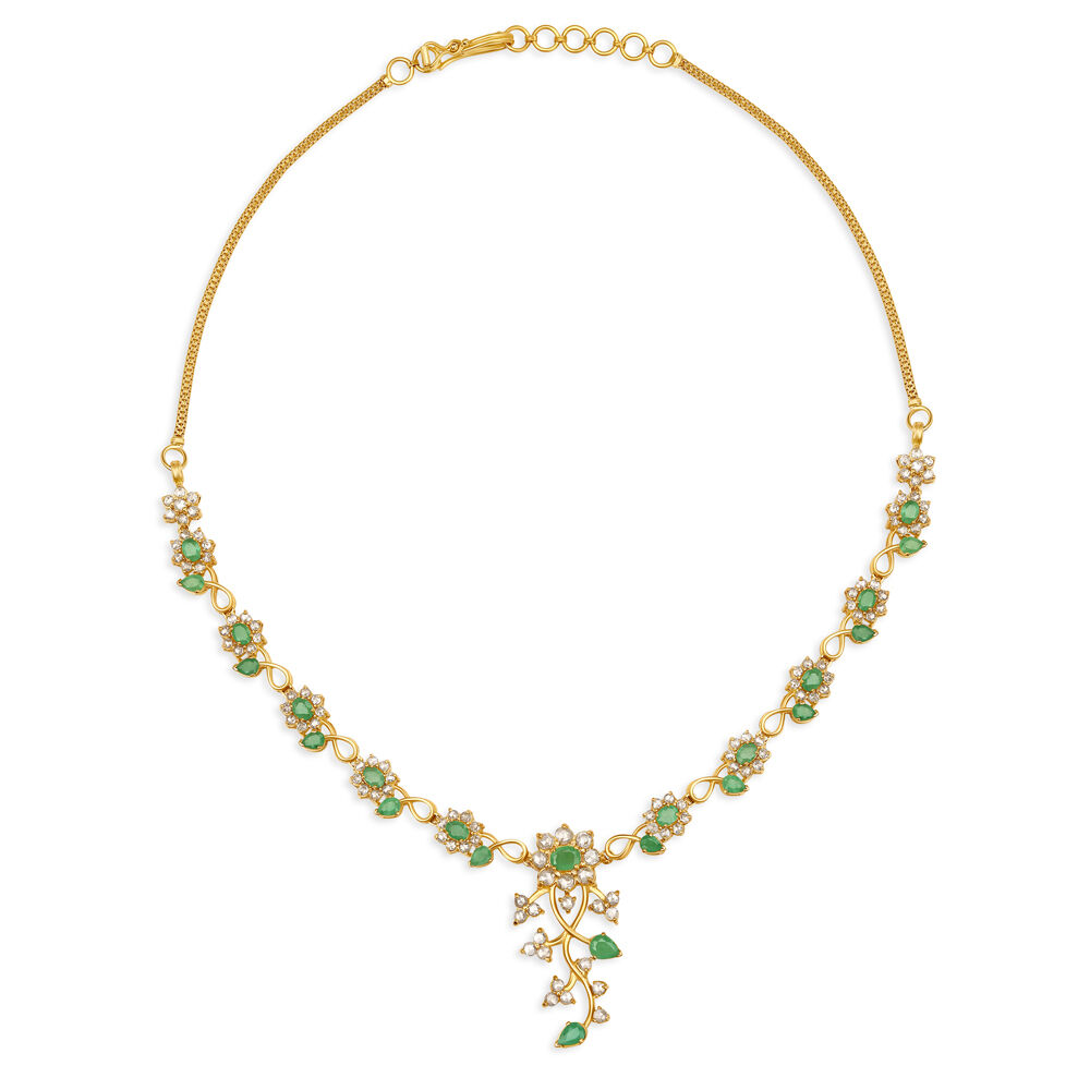 Fancy Floral And Leaf Pattern Emerald Studded Gold Necklace Set