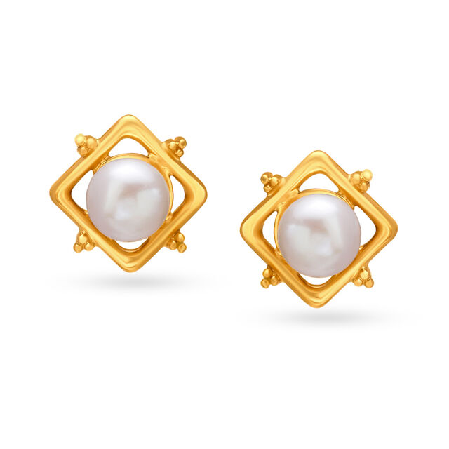 Splendid 18 Karat Yellow Gold And Pearl Square Studs,,hi-res image number null