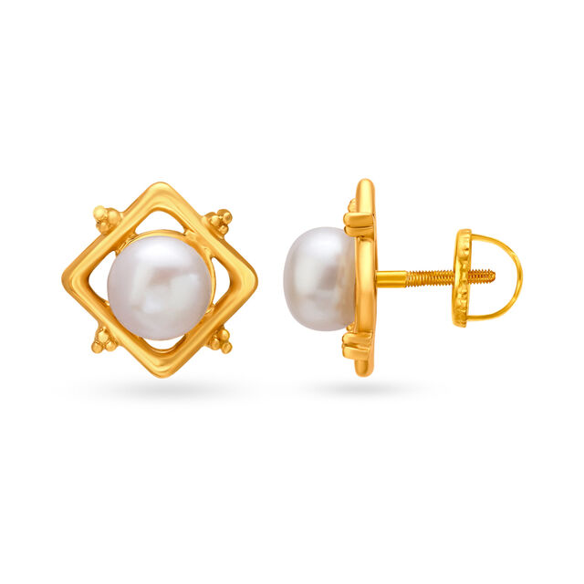 Splendid 18 Karat Yellow Gold And Pearl Square Studs,,hi-res image number null