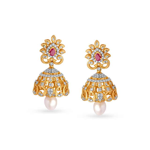 Floral Jhumkas with Ruby, Pearl and Emerald,,hi-res image number null