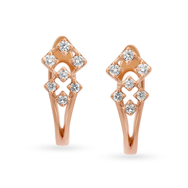 Stylish Geometric Rose Gold and Diamond Hoop Bali Earrings,,hi-res image number null
