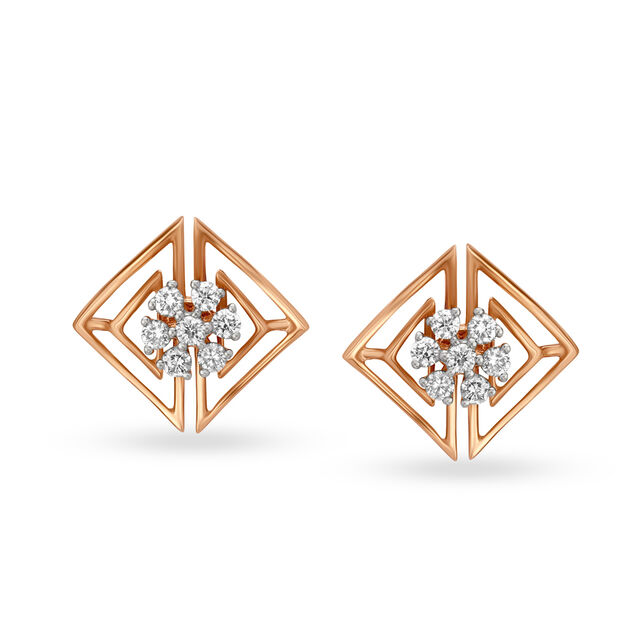 Dainty Geometric Rose Gold and Diamond Stud Earrings,,hi-res image number null
