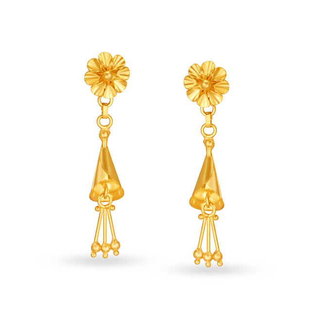Modish 22 Karat Yellow Gold Floral Drop Earrings,,hi-res image number null