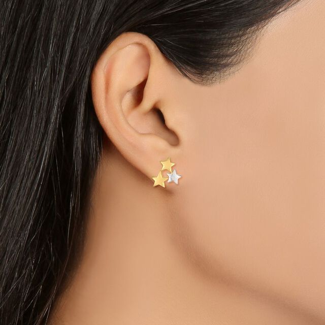 Cute 22 Karat Gold And Rhodium-Polished Star-Patterned Studs,,hi-res image number null