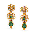 Floral Motif Emerald Gold Drop Earrings,,hi-res image number null