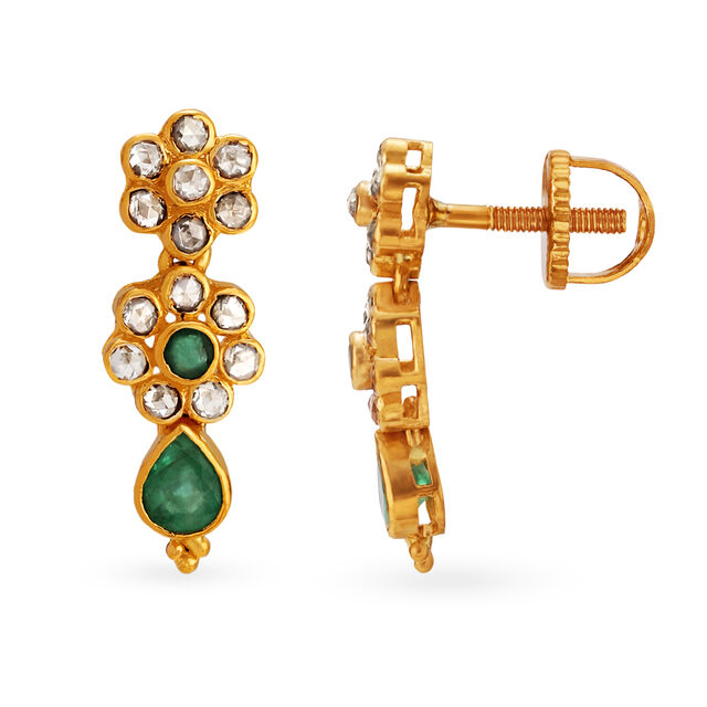 Floral Motif Emerald Gold Drop Earrings,,hi-res image number null