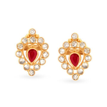 Heart Motif Ruby Gold Stud Earrings