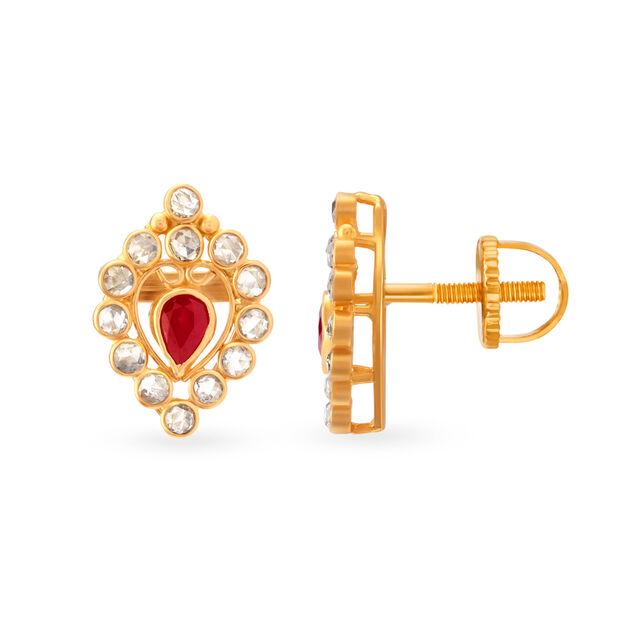 Heart Motif Ruby Gold Stud Earrings,,hi-res image number null