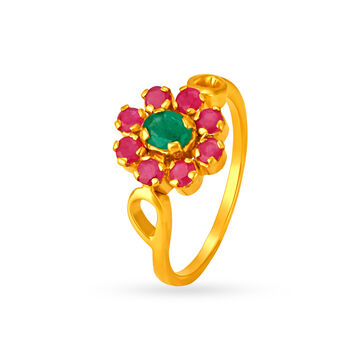 Lovely 22 Karat Gold And Emerald Floral Ring