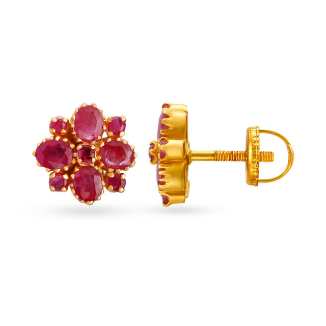 Charming 22 Karat Yellow Gold And Ruby Floral Stud Earrings,,hi-res image number null