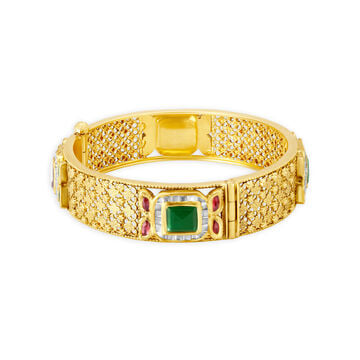 Traditional Floral Motif Gold Bangle With Coloured Stones