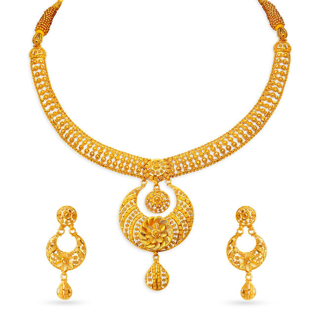 Scintillating 22 Karat Yellow Gold Floral Bead Necklace And Earrings Set,,hi-res image number null