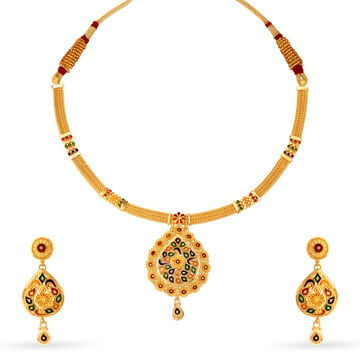 Radiant 22 Karat Yellow Gold Floral Teardrop Necklace And Earrings Set
