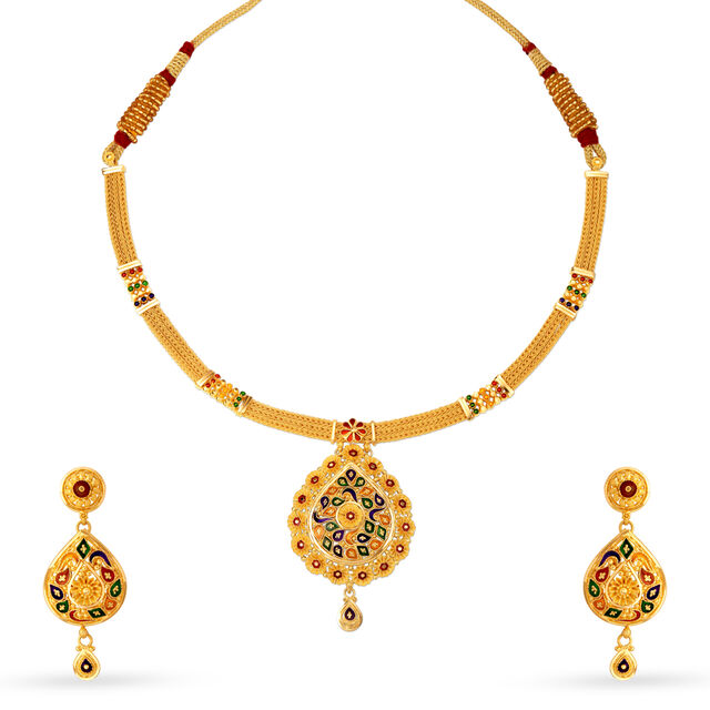 Radiant 22 Karat Yellow Gold Floral Teardrop Necklace And Earrings Set,,hi-res image number null