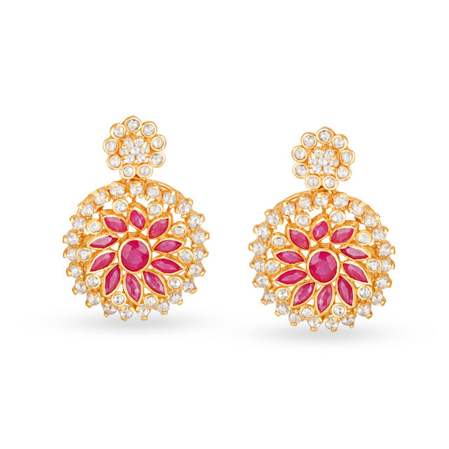 Floral Motif Ruby Gold Pendant And Earrings Set,,hi-res image number null