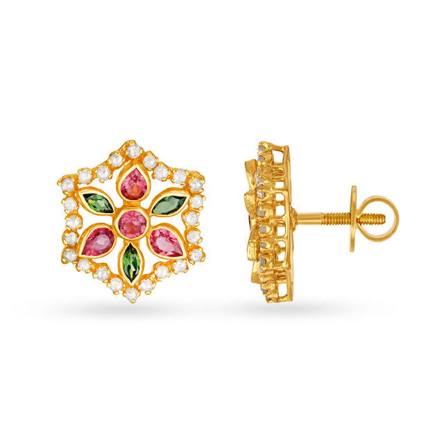 Dazzling Floral Gold Stud Earrings,,hi-res image number null