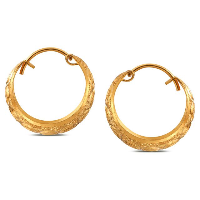 Elegant 22 Karat Yellow Gold Textured Bali Style Hoop Earrings,,hi-res image number null