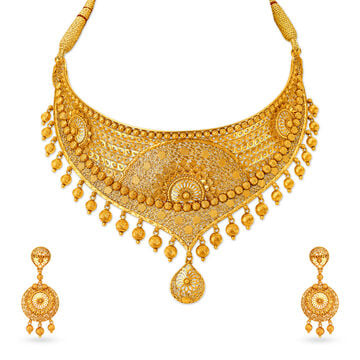 Elaborate 22 Karat Yellow Gold Filigree Diadem Necklace And Earrings Set
