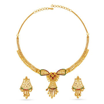 Traditional Yellow Gold Floral Necklace and Earrings Set