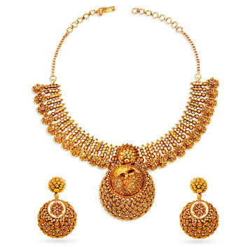 Peacock and Floral Motif Gold Necklace Set
