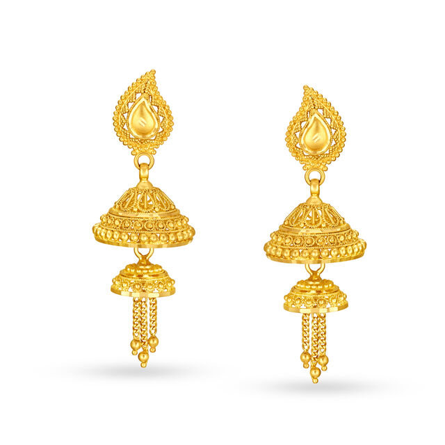 Traditional 22 Karat Yellow Gold Chandelier Jhumkas,,hi-res image number null