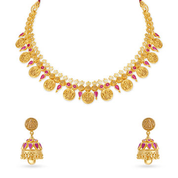 Enchanting Deity Gold Kasu Necklace Set with Rubies