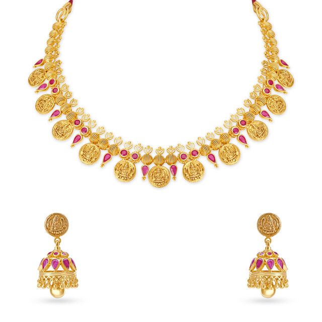 Enchanting Deity Gold Kasu Necklace Set with Rubies,,hi-res image number null