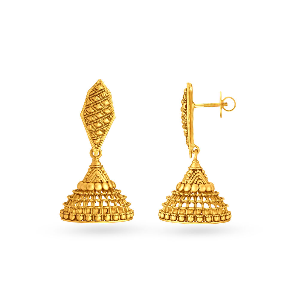 Floral Pattern Gold Jhumka Earrings With Beads