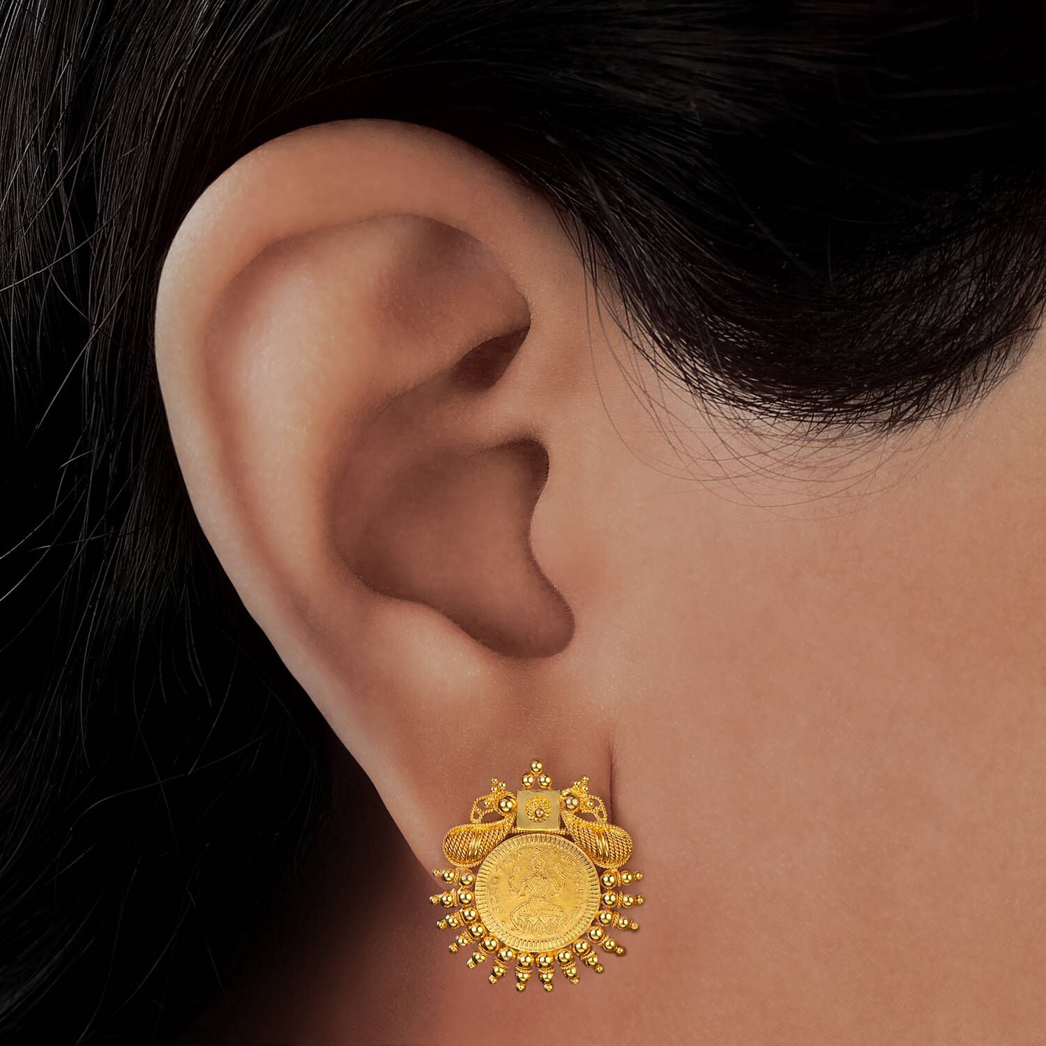 22K Gold 'Lakshmi Kasu' Earrings For Women With Red Stones - 235-GER16435  in 3.700 Grams