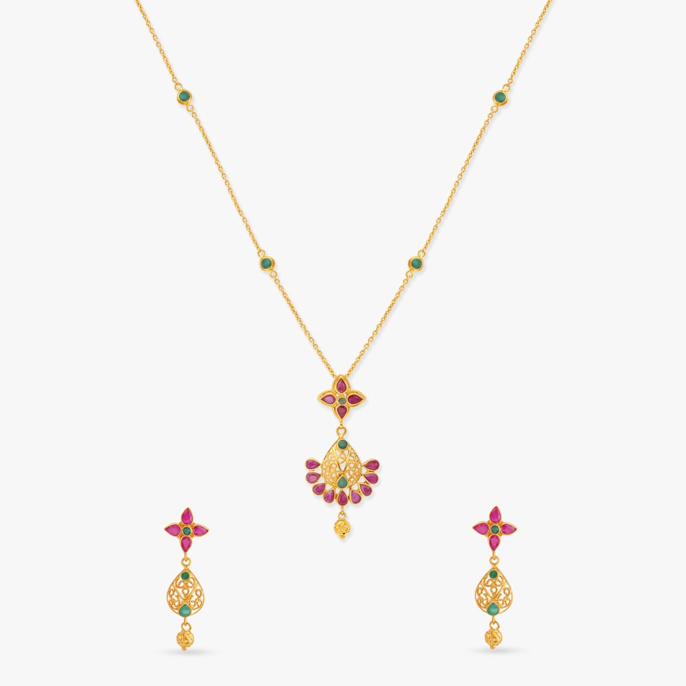 

Radiant Teardrop Gold Pendant with Chain and Earrings Set