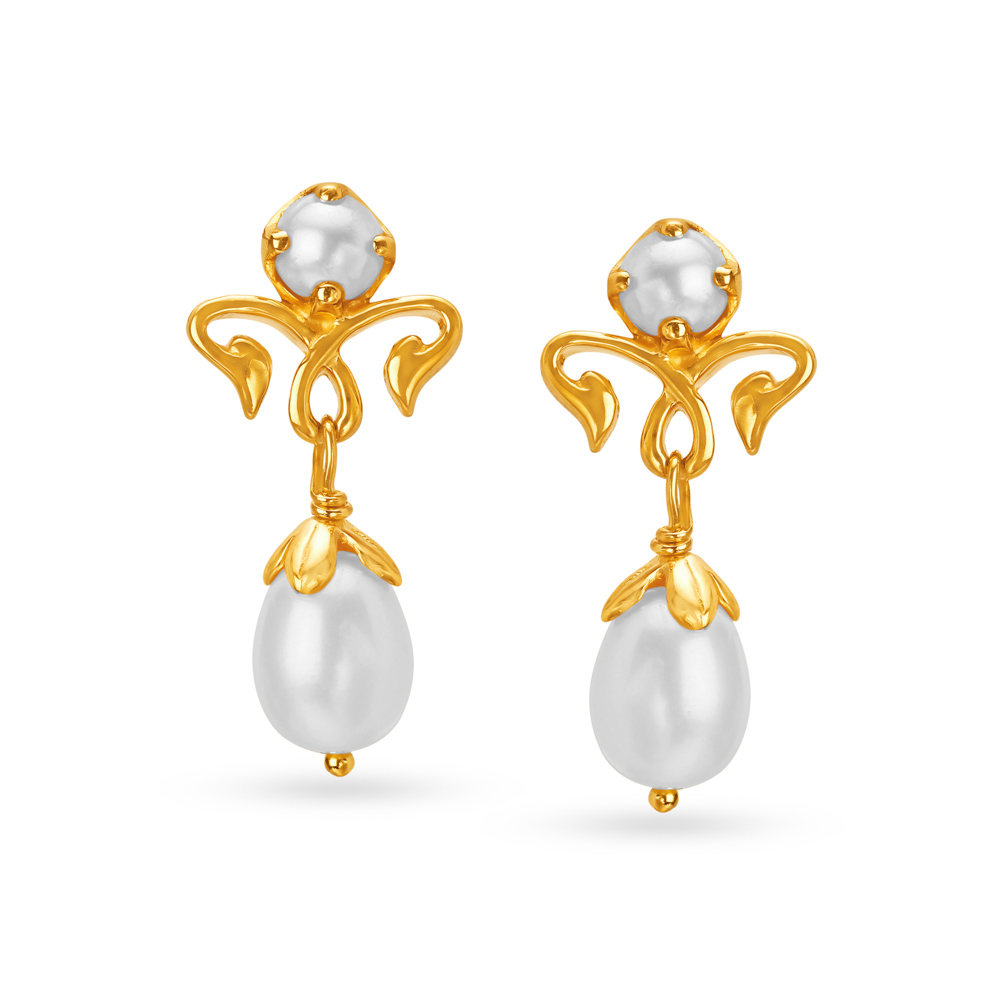 Tanishq 18 KT Yellow Gold Pearl Drop Earrings With RDesign