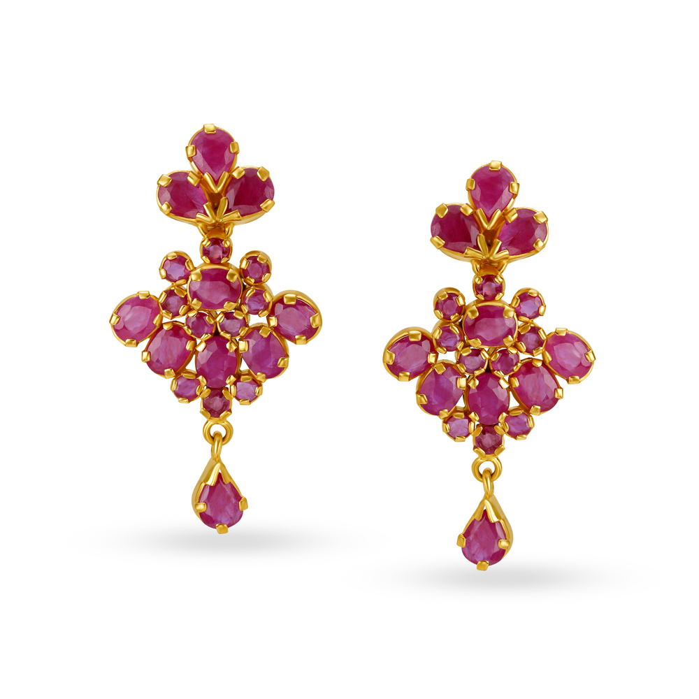 Ruby Flower Yellow Gold Earrings