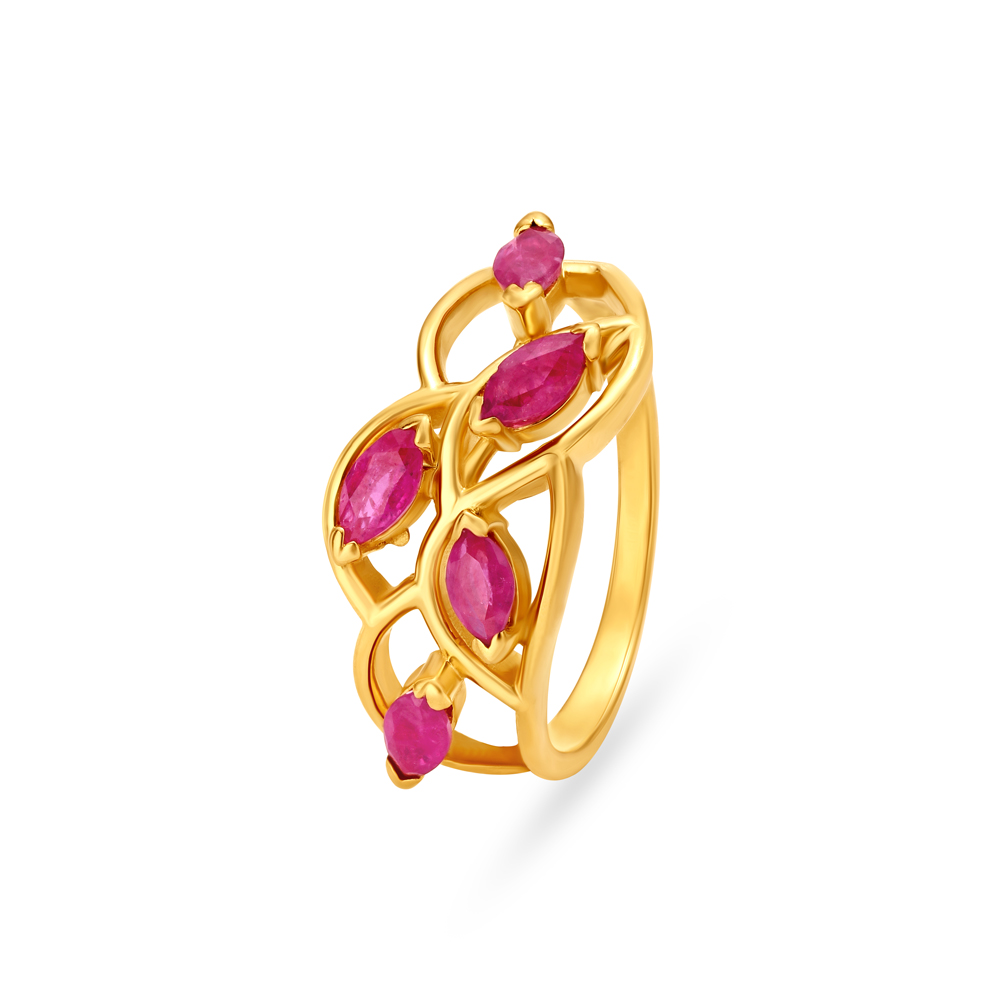 Beautiful 22 Karat Gold Floral Ring With Rubies And Emeralds