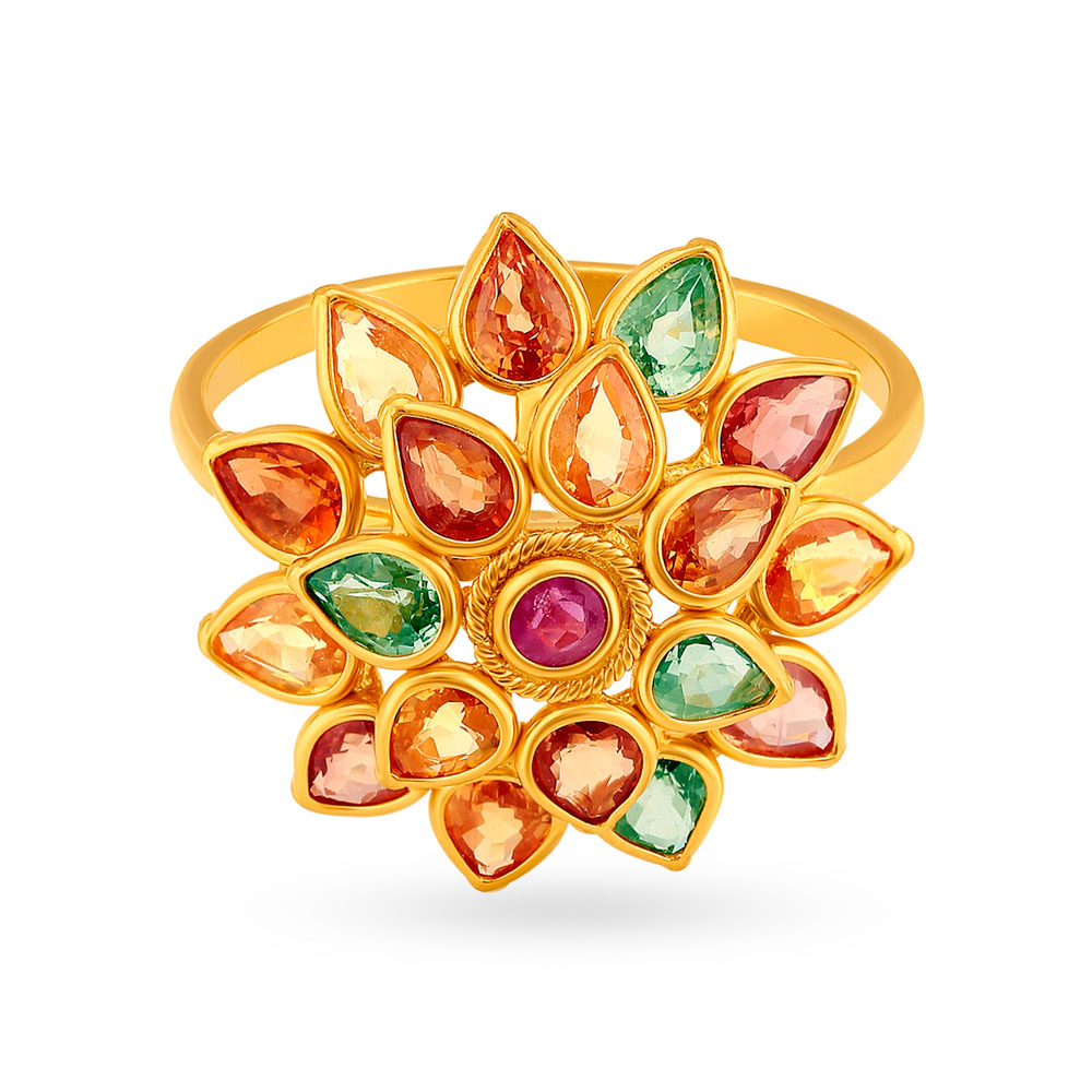 

Magnificent 22 Karat Yellow Gold Colourful Stone Studded Finger Ring