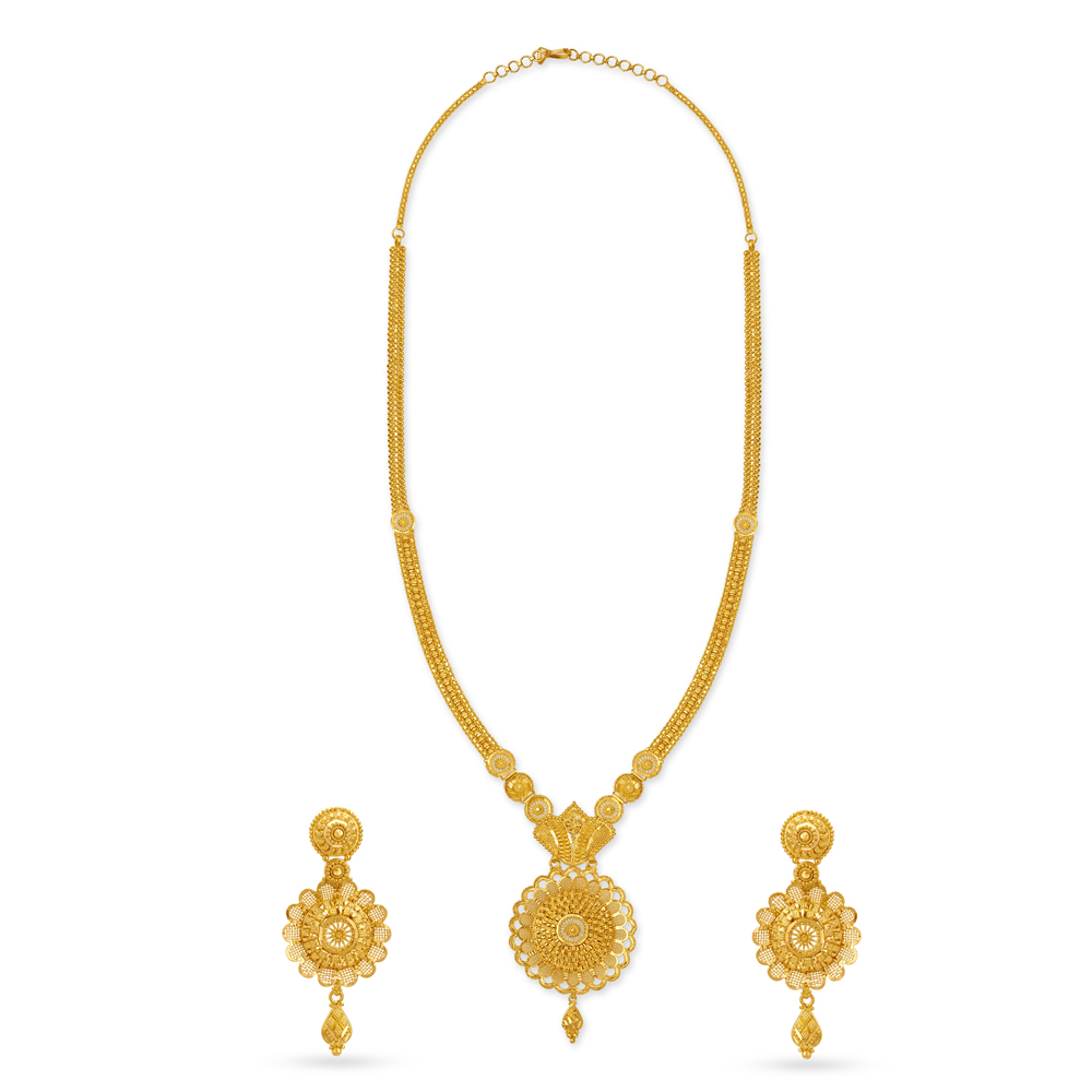 

Luminous Yellow Gold Floral Disc Necklace and Earrings Set