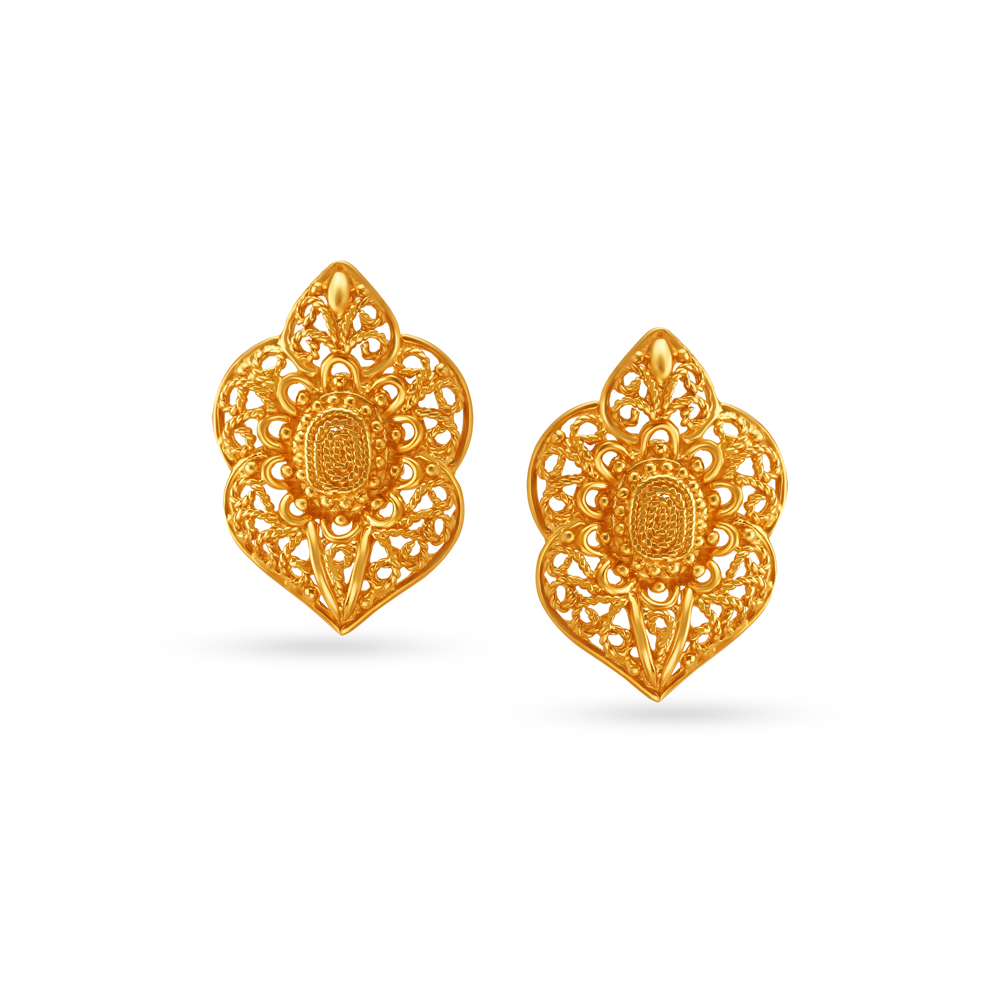 Floral Gold Stud Earrings With Jali Pattern