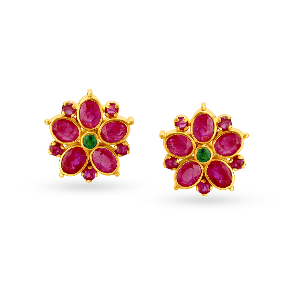 Ruby Studded Sunflower Gold Stud Earrings