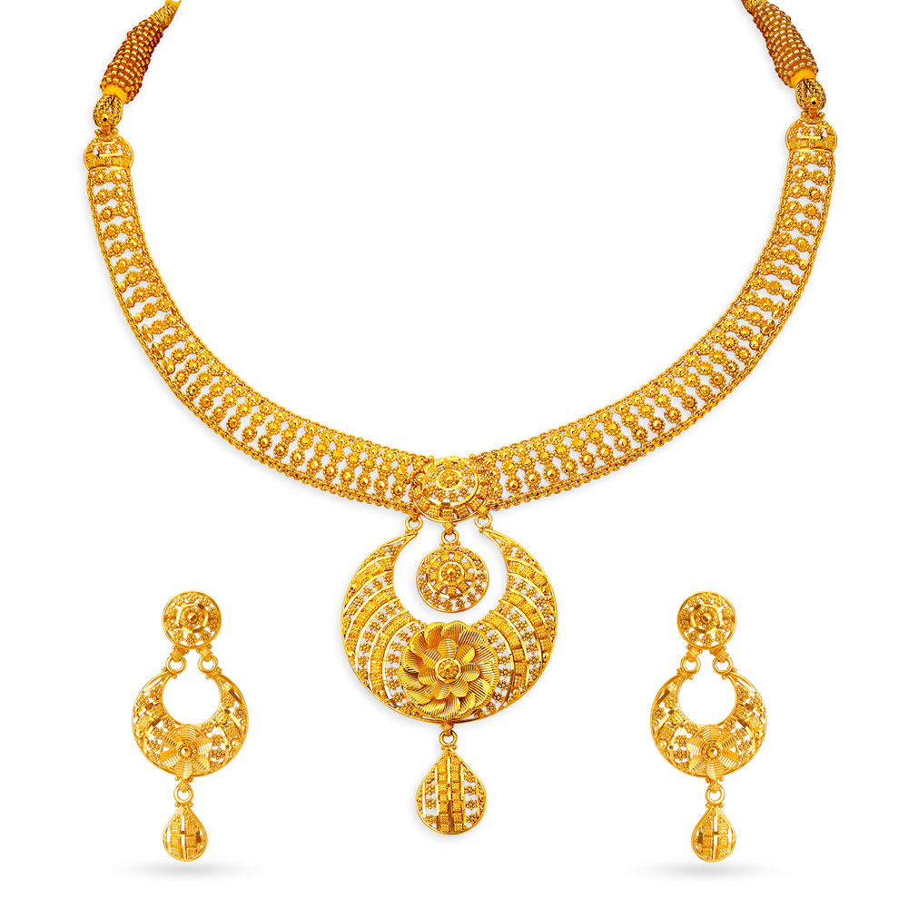 

Scintillating 22 Karat Yellow Gold Floral Bead Necklace And Earrings Set