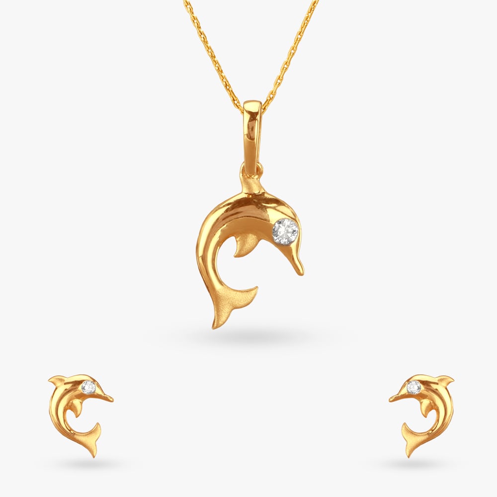 

Sparkling Dolphins Diamond Pendant and Earrings Set for Kids