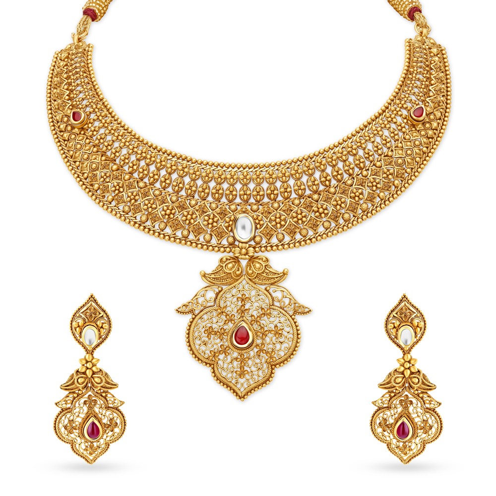 

Captivating Gold and Glass Kundan Necklace Set