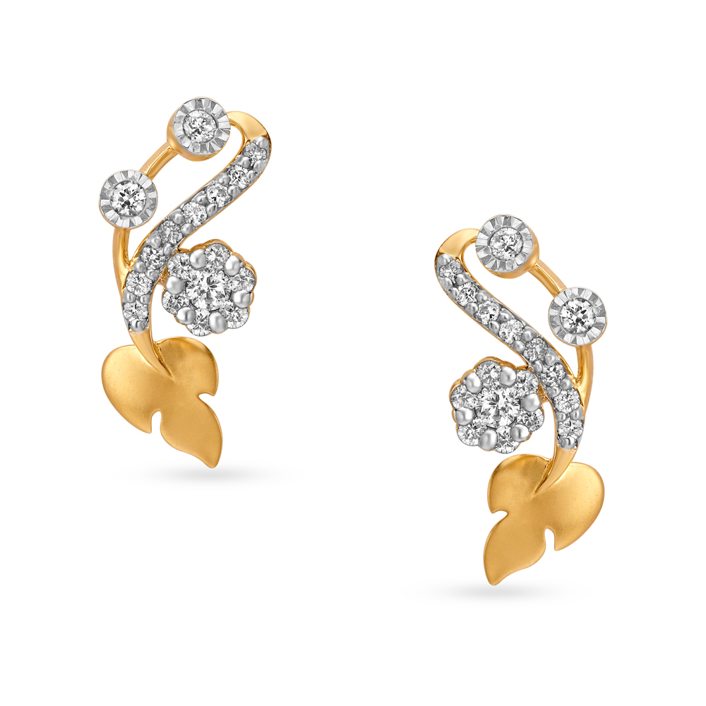 Whimsical Floral Gold and Diamond Stud Earrings