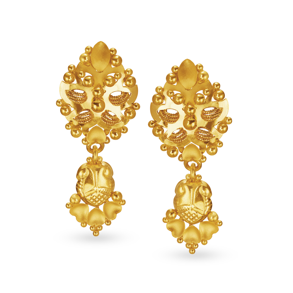 Ravishing Traditional Heart Motif Gold Drop Earrings