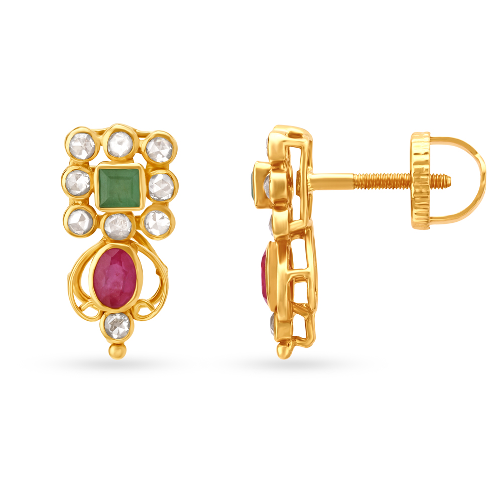 

Opulent Drop Earrings with Un-cut Diamonds, Emeralds and Rubies