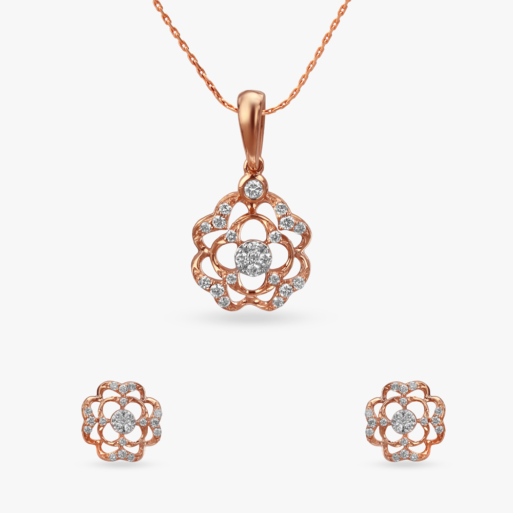 

Rosy Bloom Diamond Pendant and Earrings Set