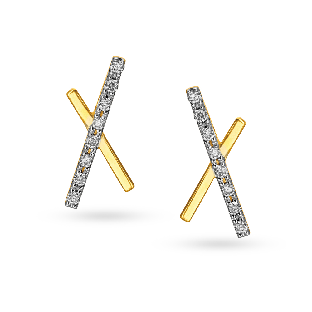 Sophisticated 18 Karat Yellow Gold And Diamond Crisscrossed Studs