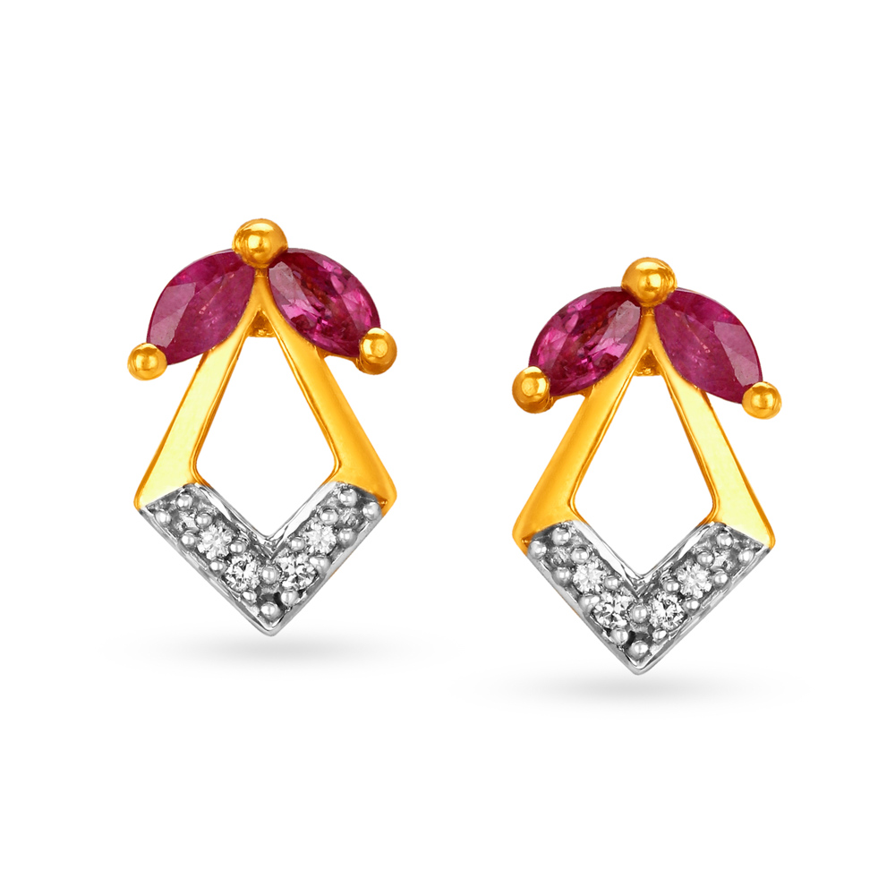 RED RUBY AND AMERICAN DIAMOND HALO STUD EARRINGS IN 925 SILVER